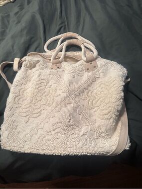 Textured Cream Beaded Tote Bag with Dual Handles